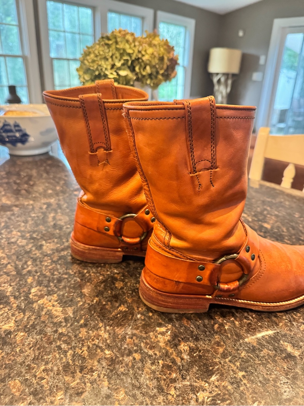 Frye Cognac Leather Harness Short Boots